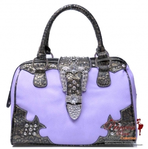 Western Designer Inspired Hand Bag w/ Rhinestone and Stud Decor and a Flip-Over Buckle Closure